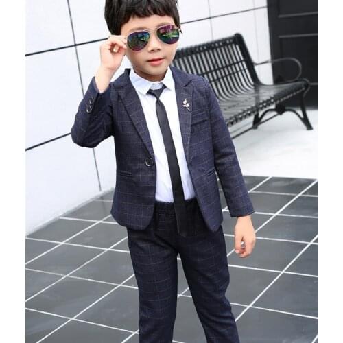 Boys Formal Plaid Jacket+Pants 2Pcs Mariage Clothing Set Gentleman Enfant Kids Wedding Suit Children Performance Evening Dress