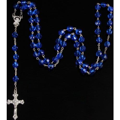 Catholic blue cut handmade rosary cross necklace. Long cross of Christ Jesus cross, Catholic rosary jewelry. 8MM.48 pieces