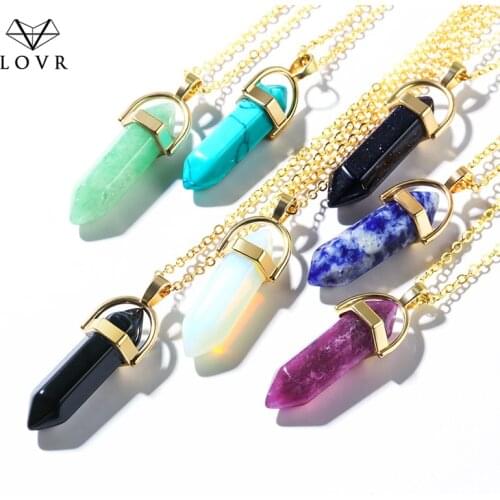 LOVR New Fashion Natural Stone Hexagonal Column Crystal Pendant Necklace women Vintage Geometric Bullet Necklace Jewelry