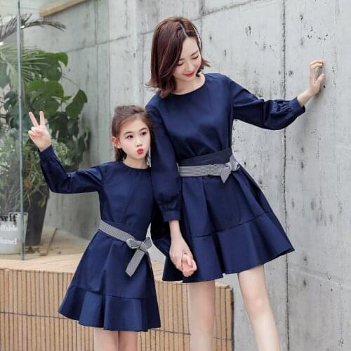 Mommy and Me Long Sleeve Belt Dresses Family Matching Outfits Mother Daughter Fashion Girls Party Wedding Dress Vacation Clothes