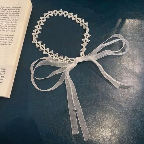 Origin Summer Exquisite White Pearl Bow-knot Ribbon Hairband for Women Femme Korean Fashion Bead Hollow Wedding Hair Accessories