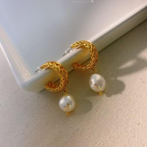 Gold plated earrings drop freshwater natural big pearl pendant earrings dangles