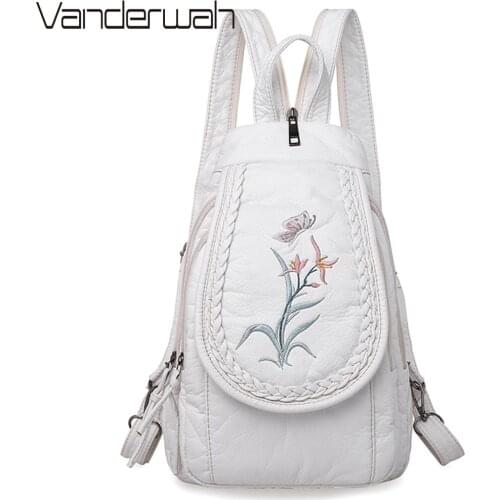 New Embroidery Orchid Women Backpack Casual 3 in 1 Backpack For Teenage Girls Soft Washed PU Leather Chest Bags For Women Sac