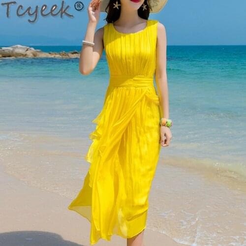 Tcyeek Summer Beach Dress Women Long Party Dress Yellow Vestidos Sleeveless Silk Elegant Dresses Maxi Dresses Casual LWL1530