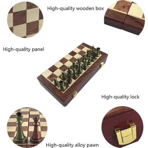 High-end Wooden Folding Chessboard Retro Metal Alloy Chess Pieces Chess Game Set 30*30cm Chessboard Friends Gift Entertainment