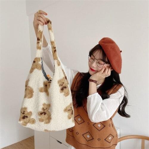 Women Lamb Like Fabric Shoulder Tote Bag Canvas Fluffy Fur Bear Handbags Large Capacity Soft Shopping Bags Girls Cute School Bag