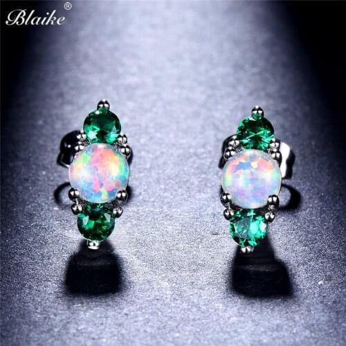 Blaike Beautiful White Fire Opal Green/Rose Red Zircon Stud Earrings For Women White Gold Filled Statement Jewelry Gift