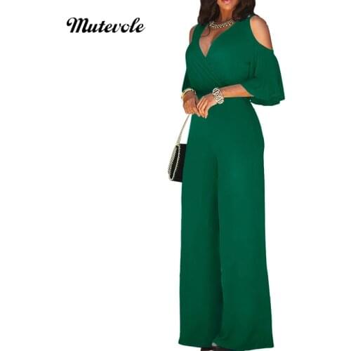 Mutevole Ladies Elegant Cold Shoulder Wide Leg Jumpsuit Women Casual Short Sleeve Solid Jumpsuit Loose Sexy V Neck Jumpsuit