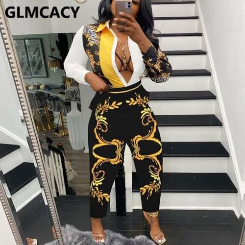 Women Two Piece Ethnic Vintage Shirt Set Long Sleeve Button Up Shirt & Slim Pants Set