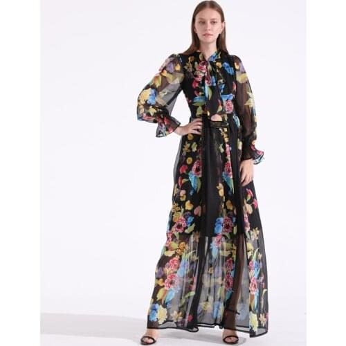 High quality 2019 new designer fashion long dress Womens Long Sleeve Bow collar Vintage Flower Print Black Party Maxi Dress