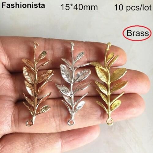 10 pcs-15*40mm Brass Leaf Charms,Brass Casted Branch With Many Leaves,Metal Supplies For Jewelry DIY,Gold Silver-color Raw brass