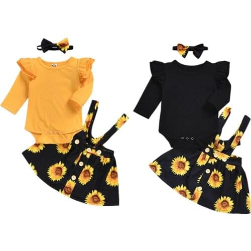 New 3PCS Baby Girl Infants Clothes Cotton Romper Sunflower Skirt Outfits
