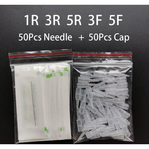 50Pcs 1R/3R/5R/3F/5F Traditional Machine Needle Caps and 50Pcs PMU Needles For Permanent Makeup Eyebrow Eyeliner Lips Tattoo