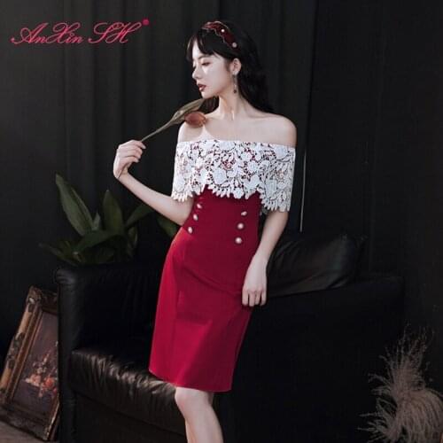 AXJFU princess wine red satin short evening dress vintage boat neck white flower lace button dinner party red evening dress