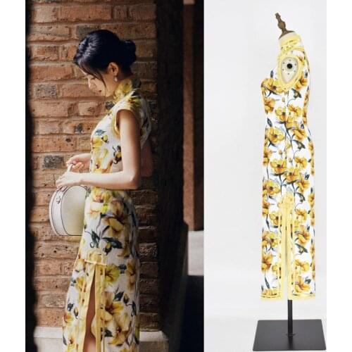 Zhang Yuxis same printed cheongsam with high waist and slit to show thin temperament dress, new womens dress in summer of 2019