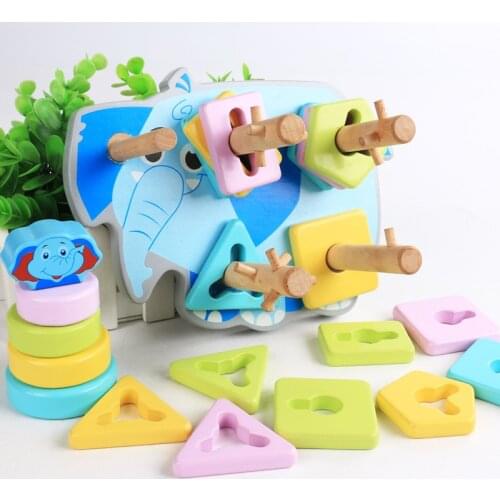Children Montessori wooden Toys 4 set columns 2 in 1 cartoon elephant shape Cognition early education educational toys