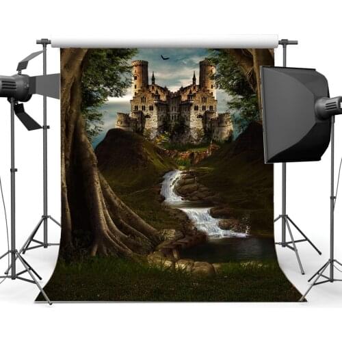 Photography Backdrop Castle Dreamy World Fairy Tale Forest Cascade Green Pool Grass Field Fantasy Landscape Backdrops