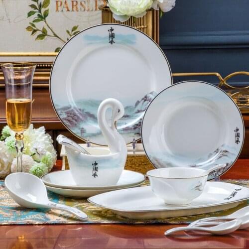 60 Heads Jingdezhen Ceramic Dinner Rice Bowl Salad Noodles Bowl dishes and plates Plate Dinnerware Sets Tableware