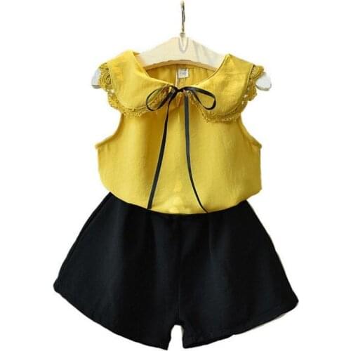 Children Clothing Sets 2019 Summer Fashion Girl Outfits Sleeveless Peter Pan Collar Top+Shorts 2pc Clothes Set For 2-7Years