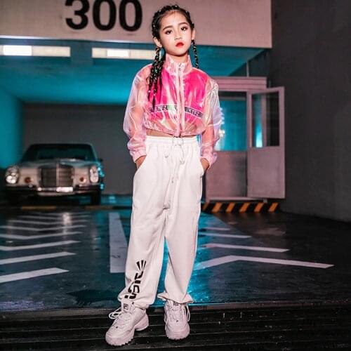 Hip Hop Costumes Kids Fashion Transparent Coat Girls Jazz Clothing Children Modern Dancing Outfit Cheerleader Stage Wear DN4195