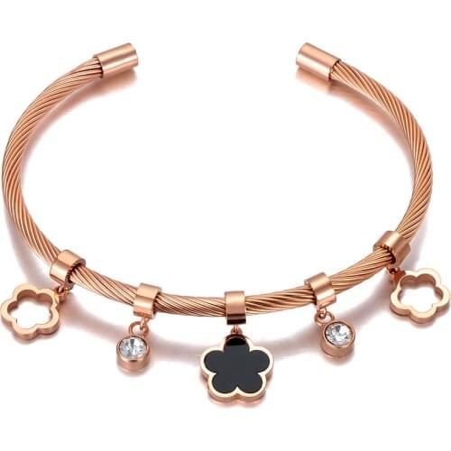 Trendy Black Acrylic Flower Charm Bracelet Bangle Stainless Steel Bohemia CZ Crystal Bangles Jewelry For Women B21011