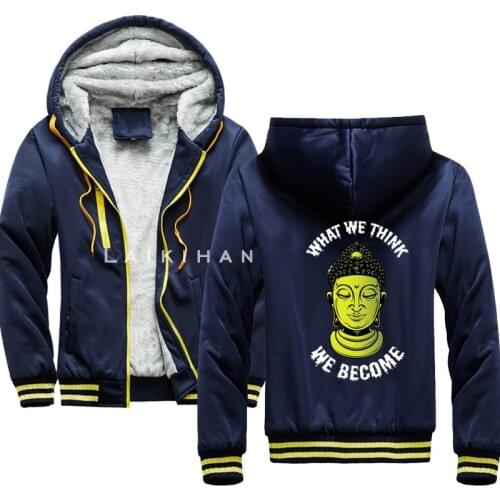Meditation Spiritual Mind Buddha Patchwork Fleece Mens Hoodie Winter Thick Sweatshirts Casual Hooded Cardigan Fur Jackets