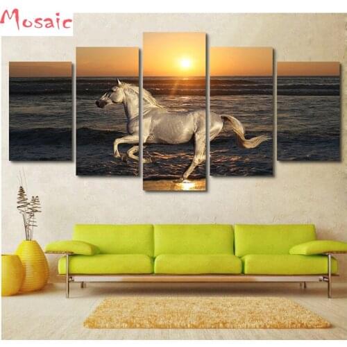 Diamond Painting beach "Horse running"Kits Handmade Needlework DIY Diamond Embroidery Animal Mosaic Rhinestone Picture 5 pcs set