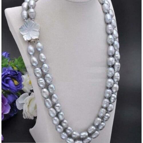 2 Rows 10-11mm Natural Gray Rice Freshwater Cultured Pearl Necklace 18-19'' AAA
