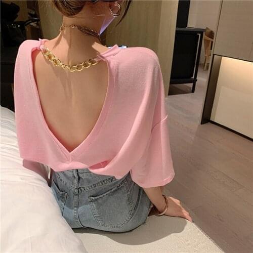 Backless Casual Summer Oversize Long T Shirt For Dress Women Fashion White Tshirt Short Sleeve Tee Shirt Femme 2021 Loose Tops