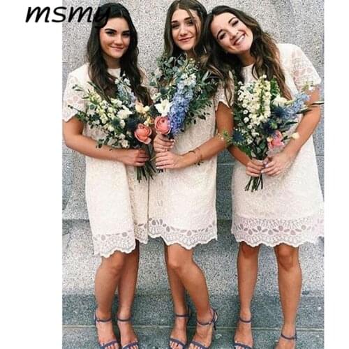 Simple A-Line Round Neck Bridesmaid Dresses Sleeveless Laced Knee Length Cheap Bridesmaid Dresses With Lace Custom Made