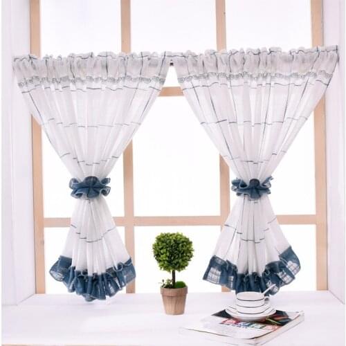 Plaid Pattern Coffee Curtain Pastoral Short Sheer Curtain Navy Blue Cotton Linen Kitchen Curtain Bedroom Curtain for Home Decor