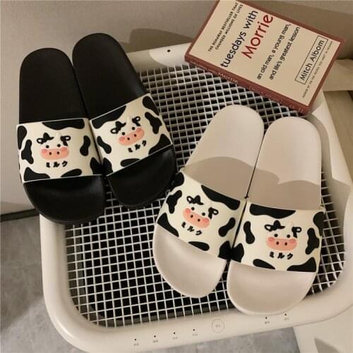 Women Cartoon Slippers Cute Cow Summer Shoes Ladies Bathroom Shower Slipper Soft PVC White Black Color Female Home Floor Slides