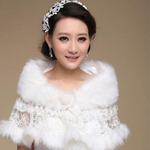 Women‘s Ivory Lace Faux Fur Cape Winter Wedding Bridal Wrap Jacket Shawls Evening Dress