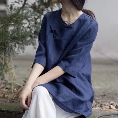 Women Summer Autumn Solid Color Long Blouse Ladies Vintage Linen Half Sleeve Shirt Tops Female 2020 Loose Blouses