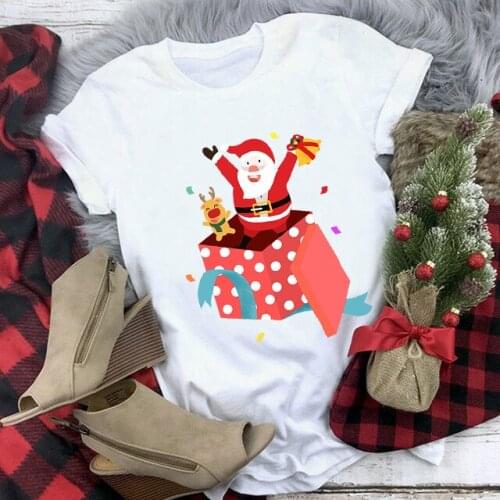 Female 90s Casual Tops Women Santa Claus Graphic Tee Merry Christmas Reindeer White T-shirt Men Fashion Short Sleeve TShirt