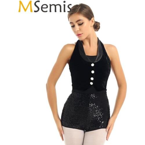 MSemis Women Jazz Dance Costume Halter Neck Velvet Vest Top Shiny Sequin One-piece Stage Performance Gymnastic Leotard Bodysuit