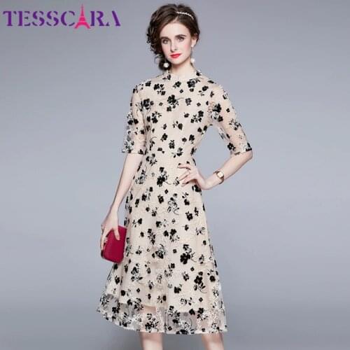 TESSCARA Women Summer Elegant Lace Dress Festa High Quality Long Wedding Party Robe Femme Vintage Flocking Designer Vestidos