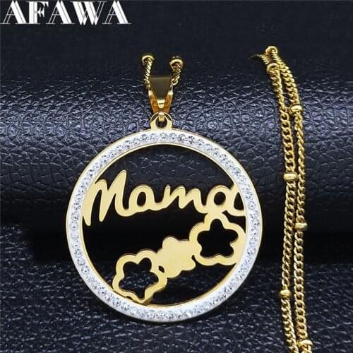 2021 Family Flower Mama Stainless Steel Chain Necklace Women Gold Color Crystal Statement Necklace Jewelry cadenas mujer N23S01