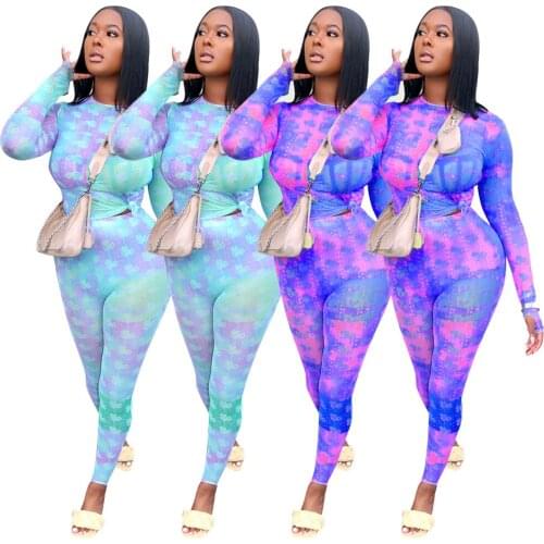 14JH185 Autumn Winter Women Casual Fashion Skinny Print Sports Two Piece Set Top and Pants Tracksuit Sweatsuit Outfits