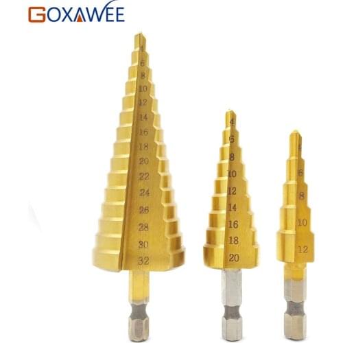 GOXAWEE 3pcsTitanium Step Core Drill Bits 3-12mm 4-12mm 4-20mm HSS Power Tools High Speed Steel Wood Metal Drill bit hole cutter