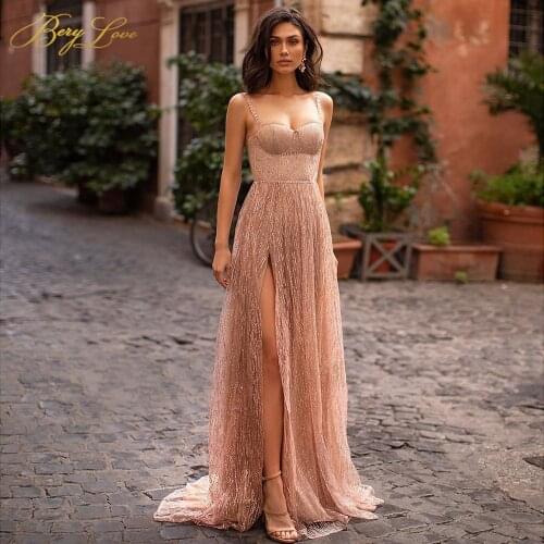 Sparkle Evening Dress Sexy Spaghetti Straps Sweetheart Side Slit Party Dress Glitter Shiny Pleated Abiti Da Cerimonia