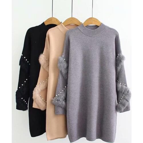 Big Size Women Winter Medium Long Knitted Sweater Top Fashion Rabbit Fur and Rhinestones Decorated Sweaters