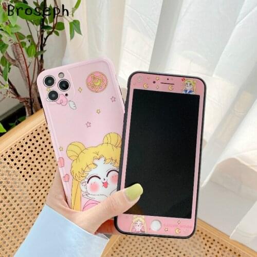 Case For iPhone 11 Pro X XR XS Max Cute Cartoon Beautiful Girl Colorful Tempered Film Protective Back Cover For iPhone 7 8 Plus