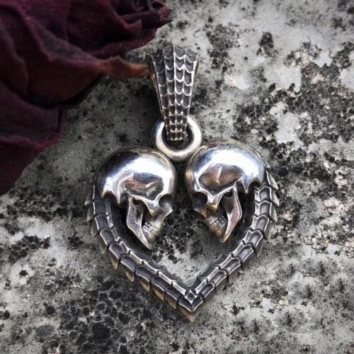 Double Skull Heart Shaped Mens Necklace Pendant Fashion Creative Couple Gothic Punk Jewelry