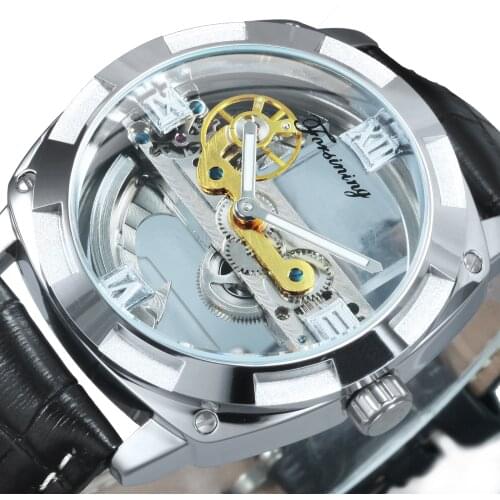 FORSINING Classic Automatic Mechanical Watch Men Gold Bridge Transparent Case Fashion Leather Strap Top Brand Luxury Wrist Watch