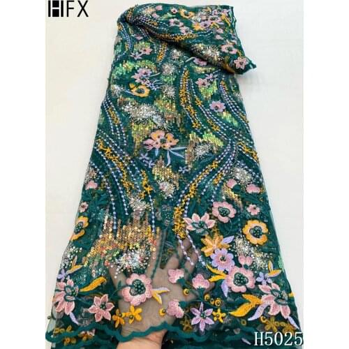 HFX Latest French Nigerian sequins lace 2021 high quality African tulle mesh sequence lace fabric with beads for dress H5025