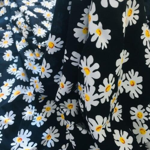 Small Daisy Printed Cotton Fabric For Dress by the Meter Black White Spot Pattern Polycotton Cloth Floral Rayon Cotton