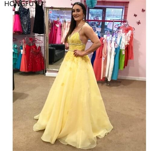 HONGFUYU Yellow Chiffon Prom Evening Dresses Long Spaghetti Straps Lace Formal Gowns Appliques вечерние платья فساتين السهرة