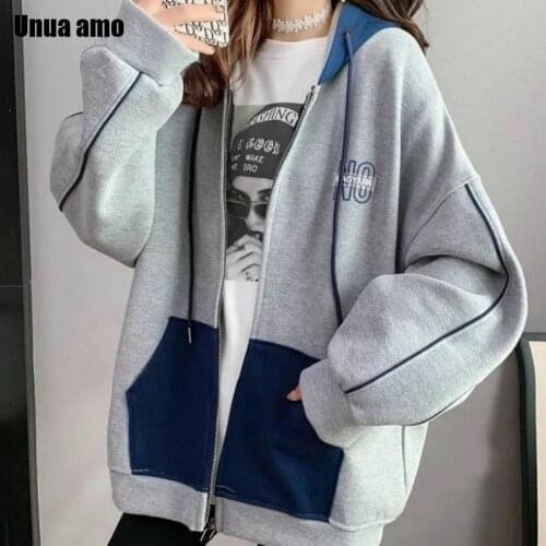 Unua amo Oversized Hoodie Women Autumn Fashion Hit Color Letter Print Casual Drawstring Hooded Zip-up Sweatshirts Female