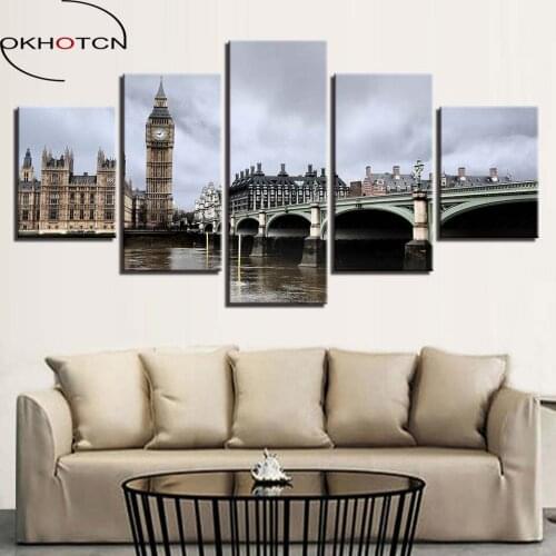 OKHOTCN Framed Canvas Paintings Home Decor Wall Art Pictures 5 Pieces London Big Ben Bridge Tower Poster Living Room Artworks
